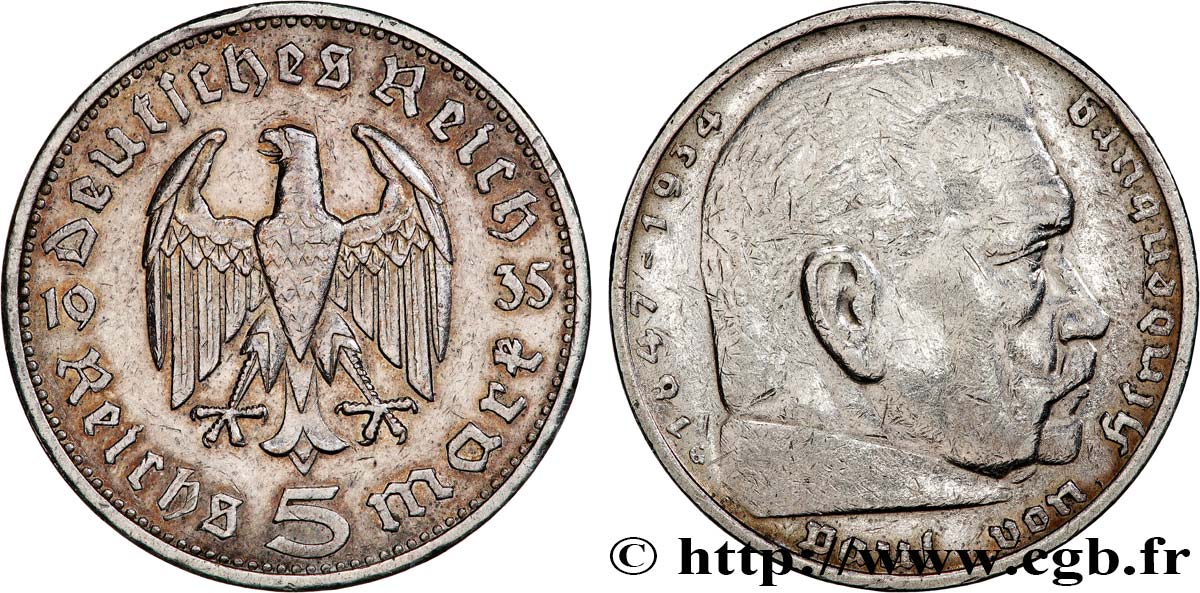 GERMANY 5 Reichsmark Maréchal Paul von Hindenburg 1935 Karlsruhe - G XF 