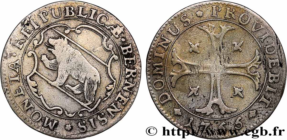 SUISSE - CANTON DE BERNE 1/2 Batzen ours 1755  TB+ 