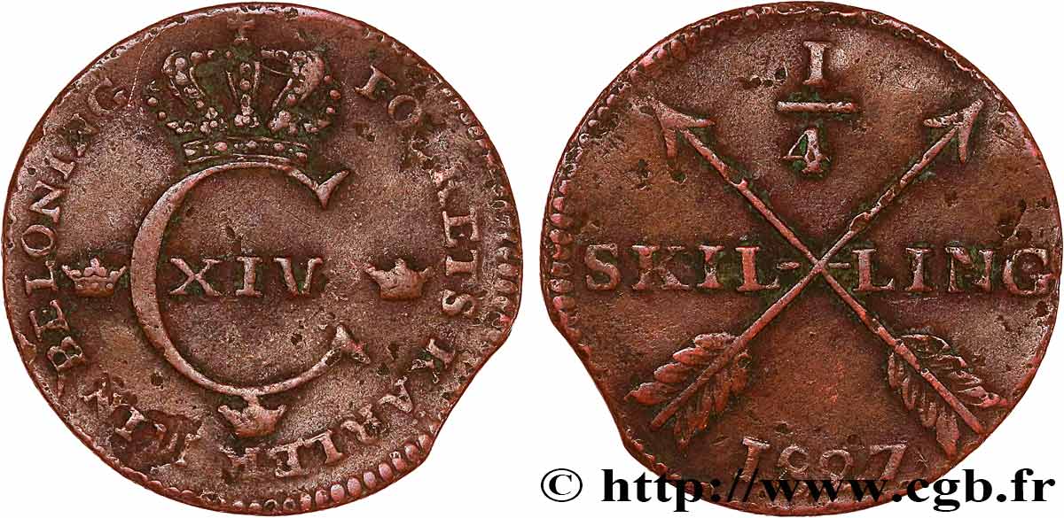 SUÈDE 1/4 Skilling Charles XIV 1827  TB+ 
