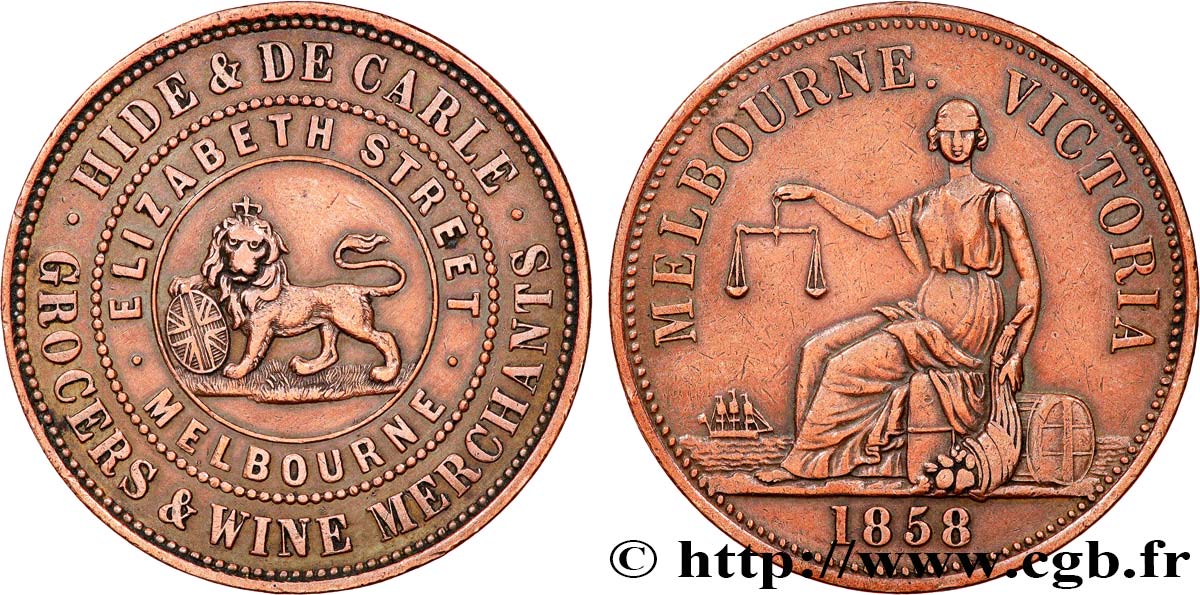 AUSTRALIE Token de 1 Penny publicitaire pour Hide & De Carle 1858  TB+ 
