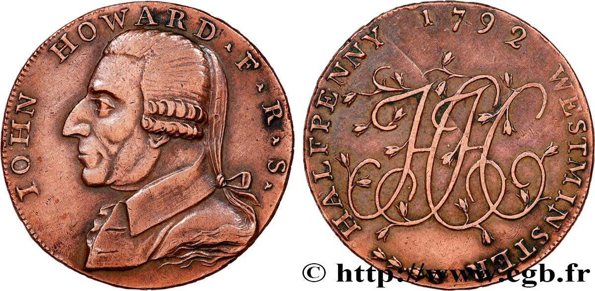 BRITISH TOKENS OR JETTONS 1/2 Penny Birmingham John Howard 1792  XF 