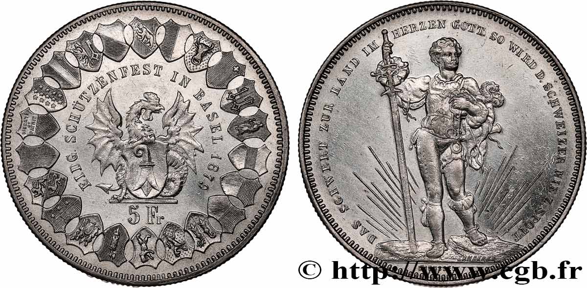 SUISSE 5 Francs, monnaie de Tir, Bâle 1879  TTB+ 