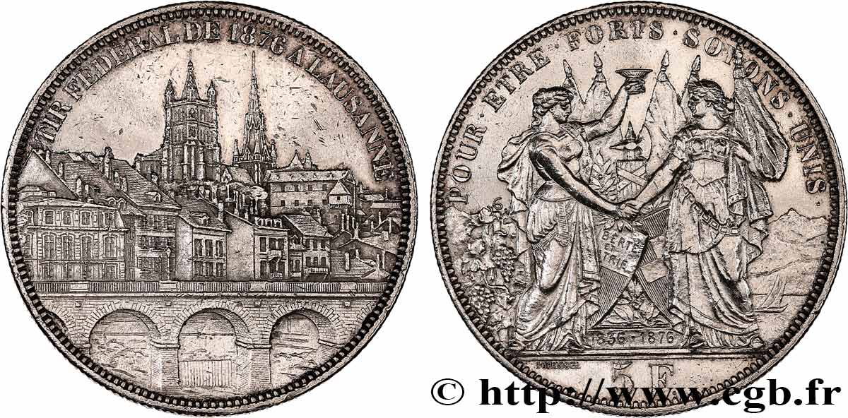 SUISSE 5 Francs, monnaie de Tir, Lausanne 1876  TTB 