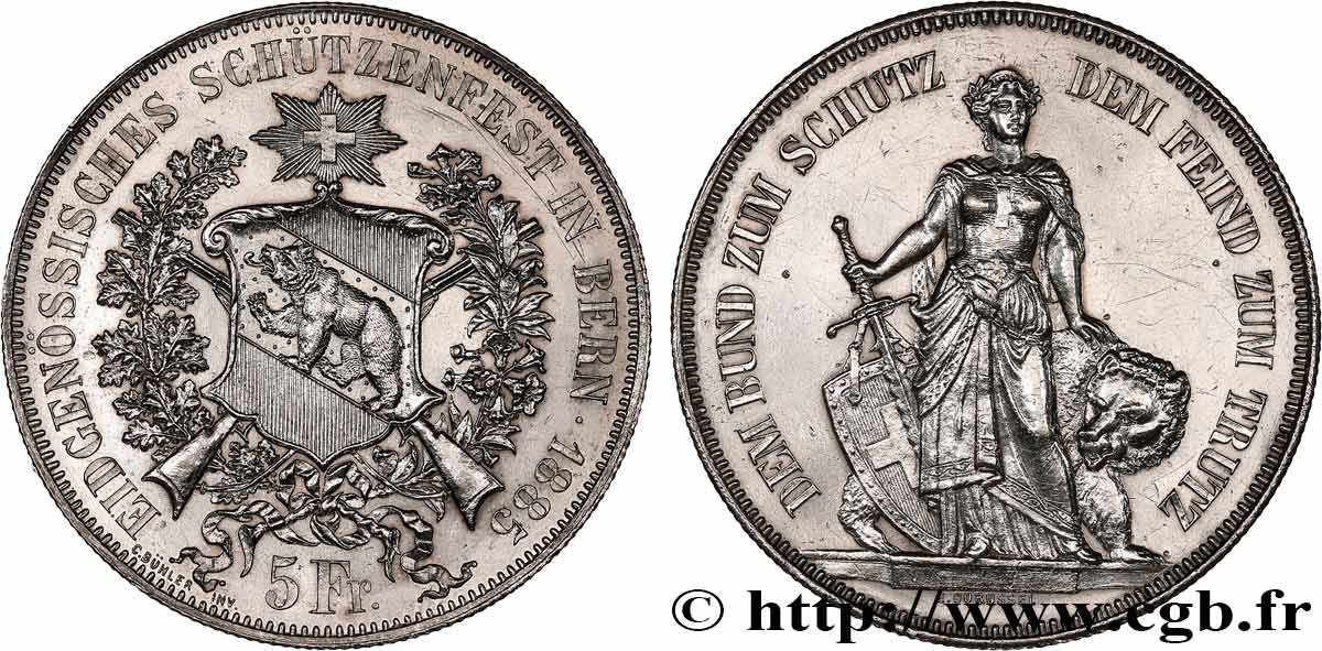 SCHWEIZ 5 Francs concours de Tir de Berne 1885  VZ 