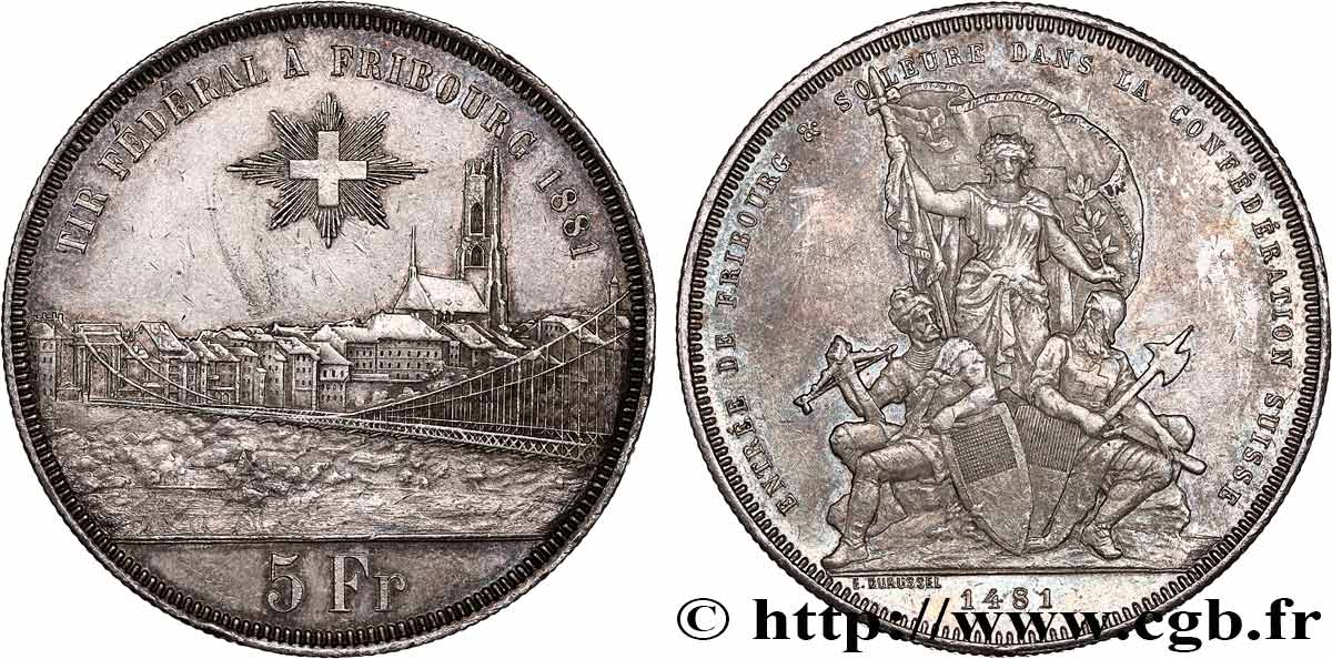 SWITZERLAND 5 Francs, monnaie de Tir, Fribourg 1881  XF 