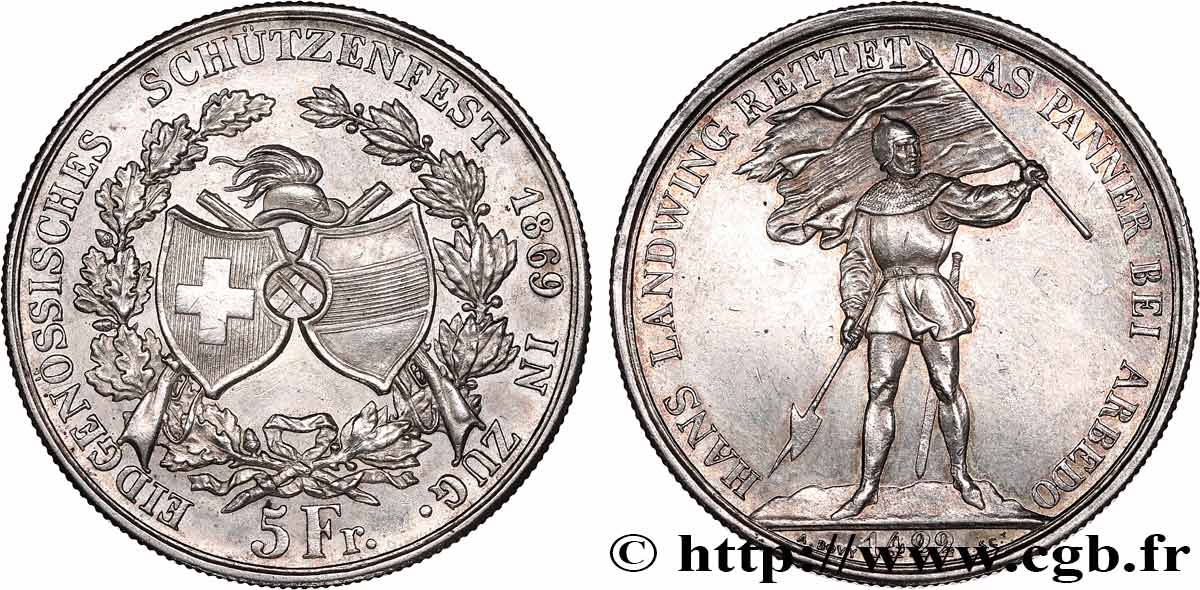 SUISSE 5 Francs, monnaie de Tir, Zoug 1869  SUP 