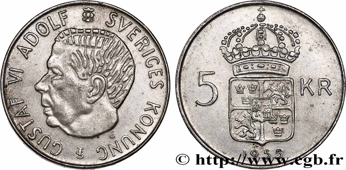 SUÈDE 5 Kronor Gustave VI 1955  TTB+ 