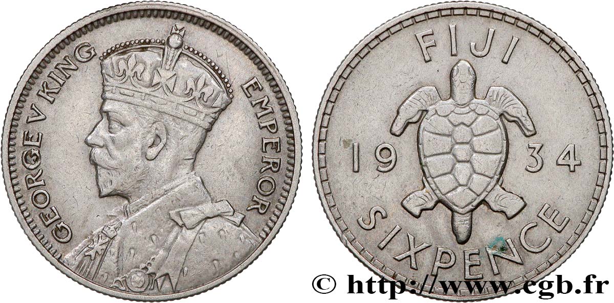 FIDJI 6 Pence Georges  V / tortue 1934  TTB 