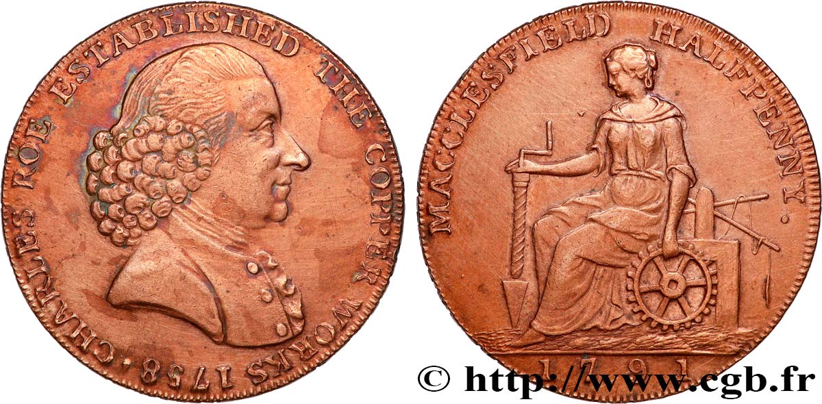 ROYAUME-UNI (TOKENS) 1/2 Penny Macclesfield (Cheshire) Charles Roe 1791  TTB 