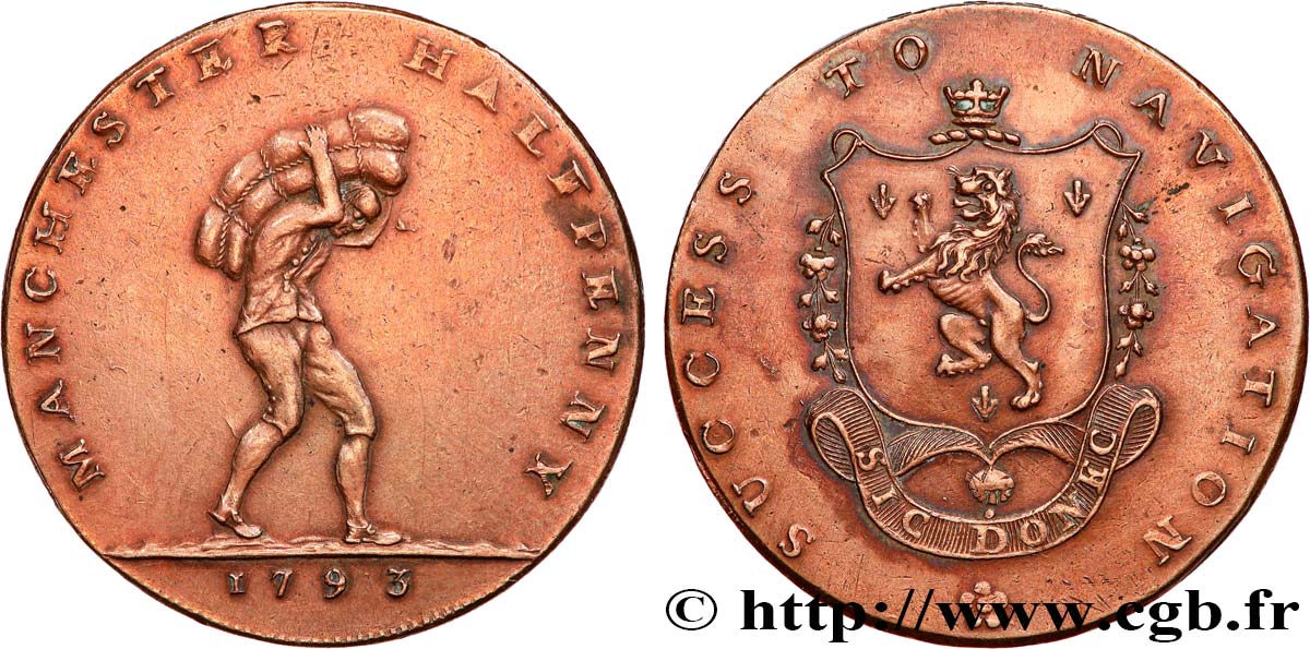 BRITISH TOKENS OR JETTONS 1/2 Penny Manchester (Lancashire)  1793  XF 