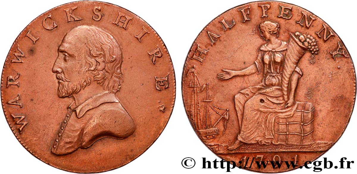 ROYAUME-UNI (TOKENS) 1/2 Penny Warwickshire (comté) William Shakespeare 1791  TTB 
