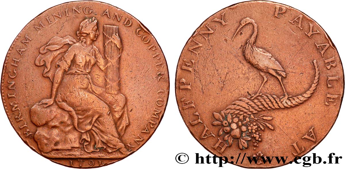 BRITISH TOKENS 1/2 Penny Birmingham (Warwickshire)  1791  XF 