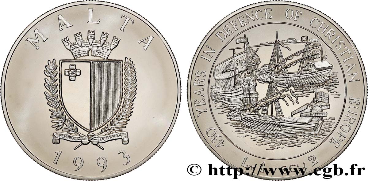 MALTE 1 Lira - 2 Écus Proof 430 ans de défense du christianisme 1993  SPL 