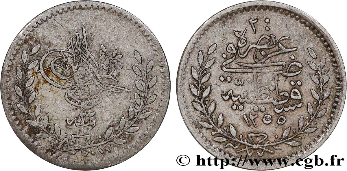 TÜRKEI 20 Para au nom de Abdul-Medjid AH1255 / an 22 1860 Constantinople SS 