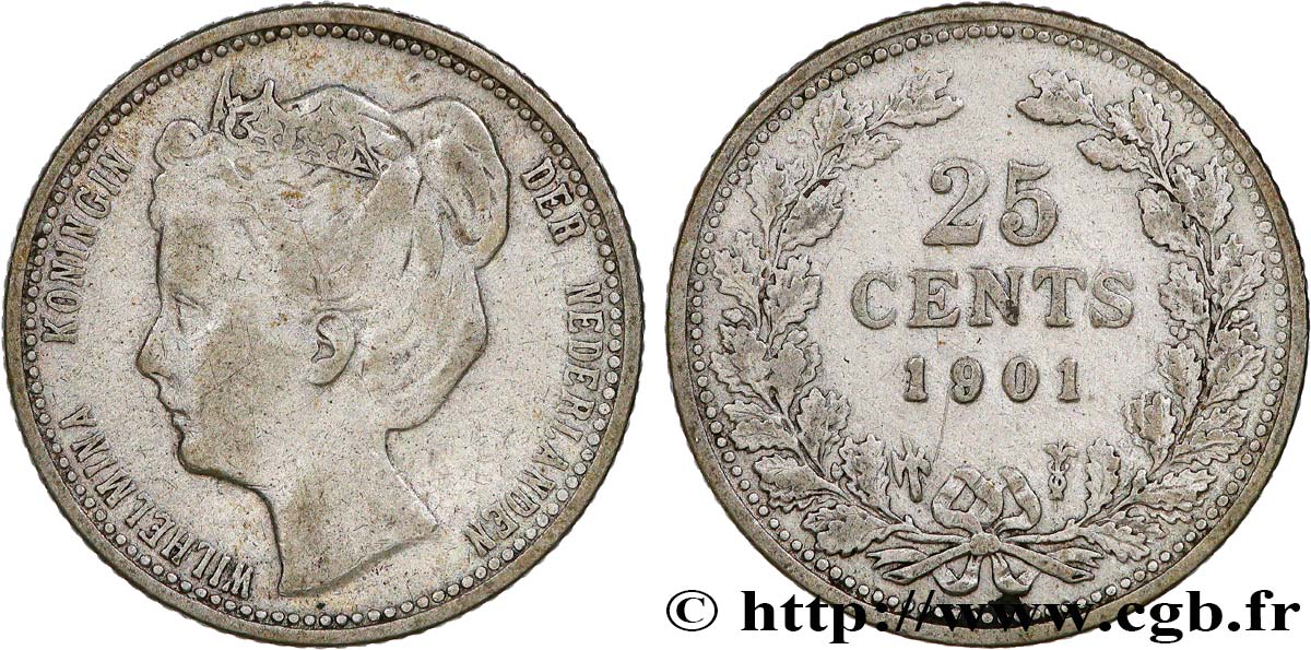 NETHERLANDS 25 Cents Wilhelmine 1901 Utrecht VF 
