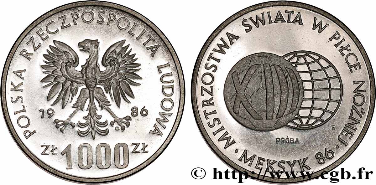 POLAND 1000 Zlotych Proba Proof Coupe du Monde de football  1986 Varsovie MS 