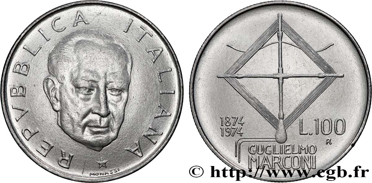 ITALY 100 Lire 100e anniversaire de la naissance de Guglielmo Marconi 1974 Rome - R AU 