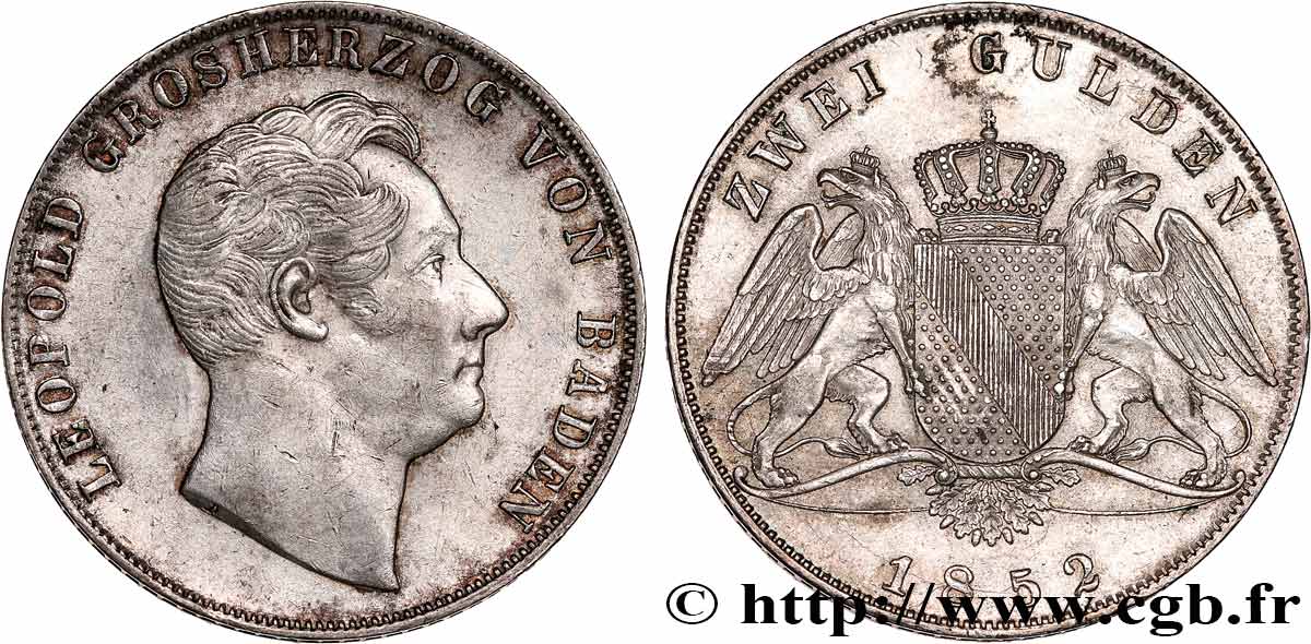 GERMANY - BADEN 2 Gulden Carl Leopold Friedrich 1852 Karlsruhe XF 