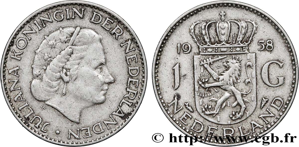 NETHERLANDS 1 Gulden Juliana 1958  AU 