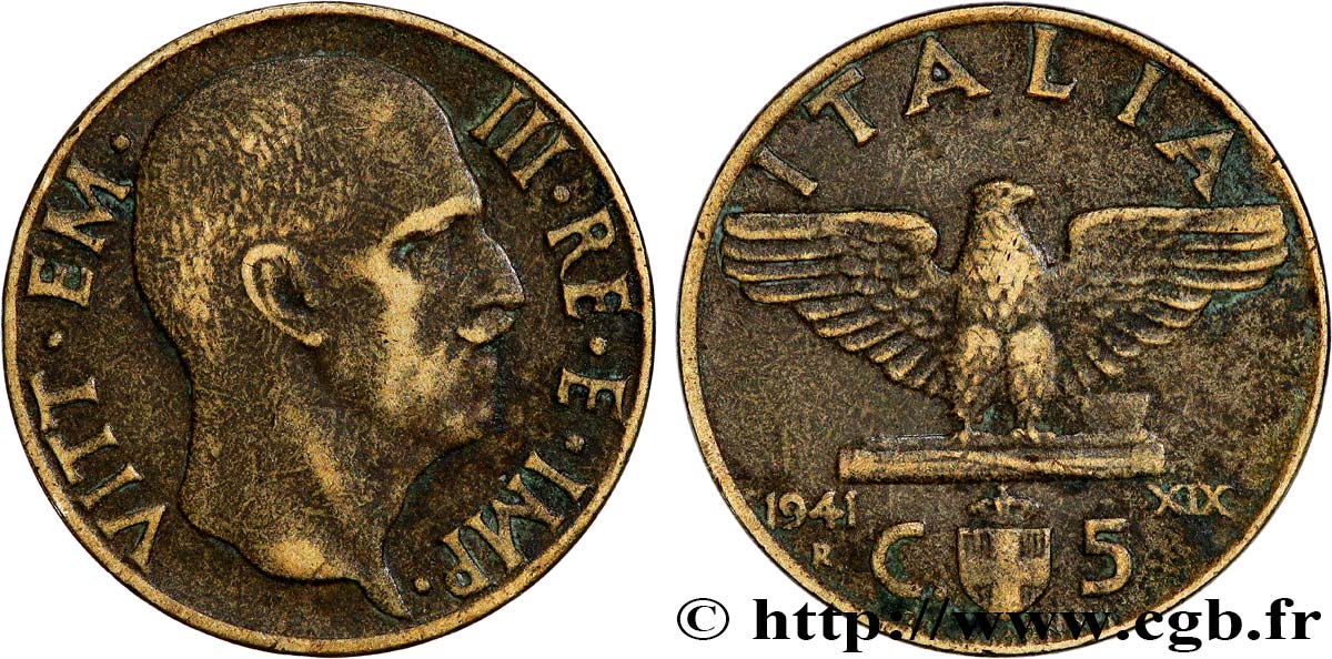 ITALY 5 Centesimi  Victor Emmanuel III 1941 Rome - R XF 