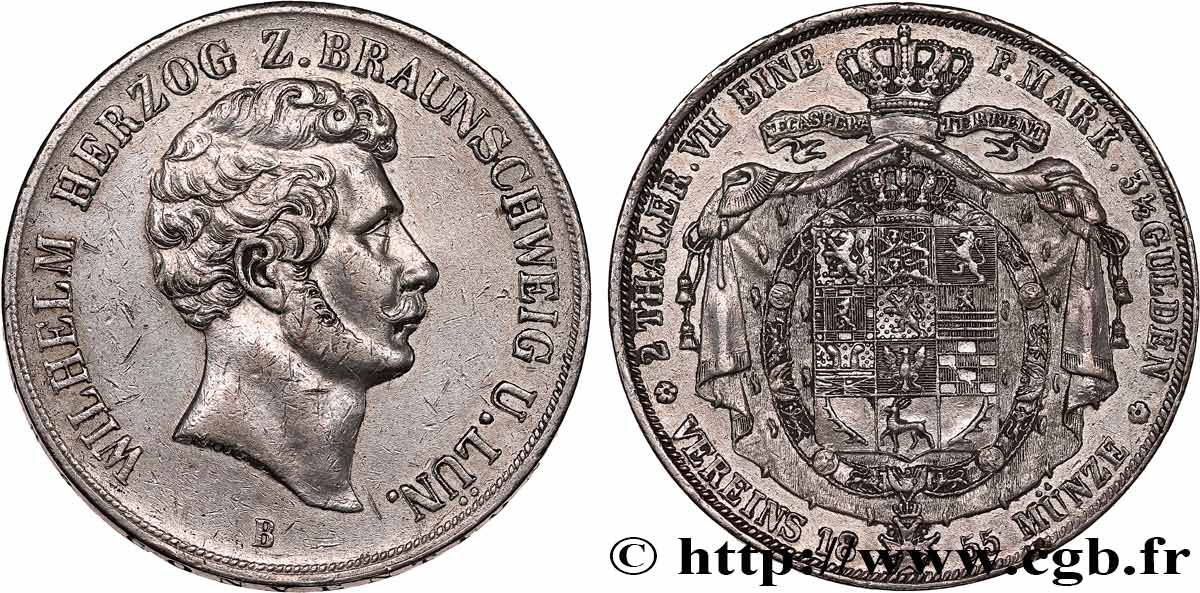 ALEMANIA - BRUNSWICK 2 Thaler Guillaume VIII duc de Brunswick-Lunebourg 1855 Brunswick - B  MBC 