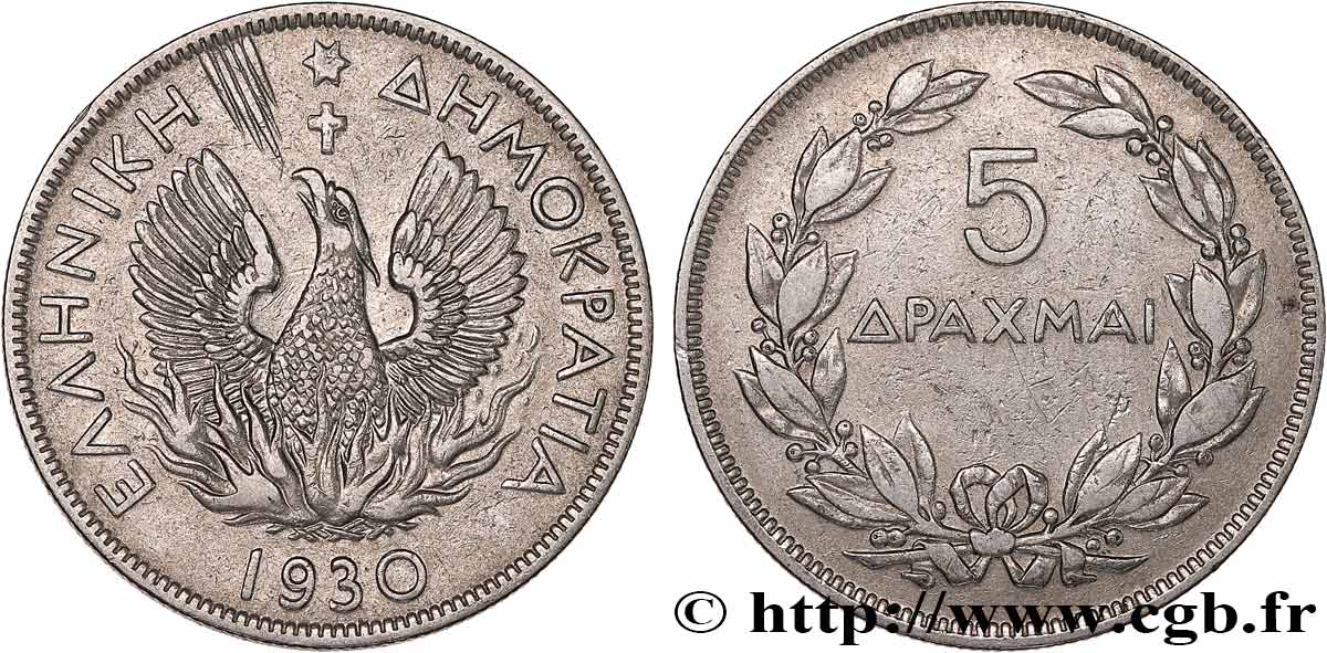 GRECIA 5 Drachmes Phénix 1930  SPL 