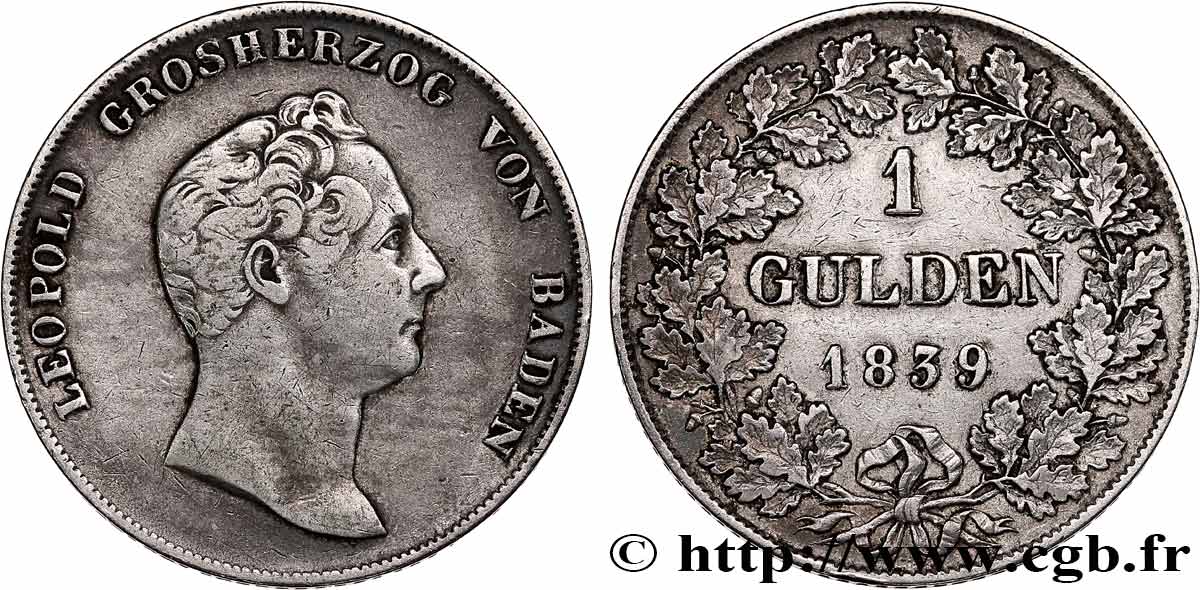 ALEMANIA - BADEN 1 Gulden Léopold Grand-Duc de Bade 1839 Karlsruhe MBC 