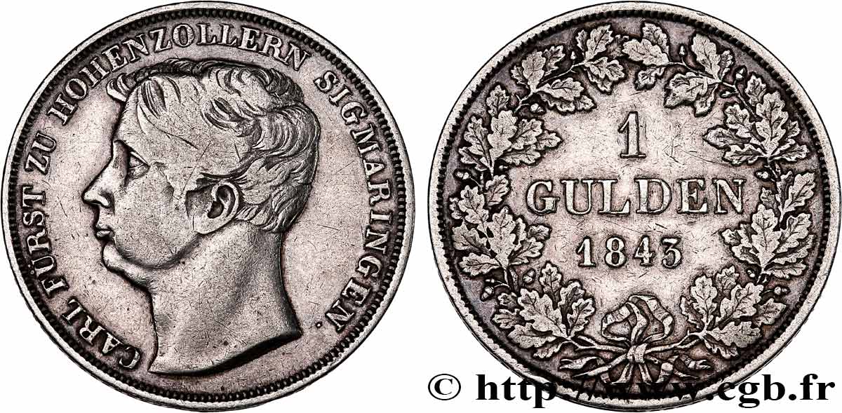 ALLEMAGNE - HOHENZOLLERN-SIGMARINGEN 1 Gulden Carl 1843 Karlsruhe TB+ 