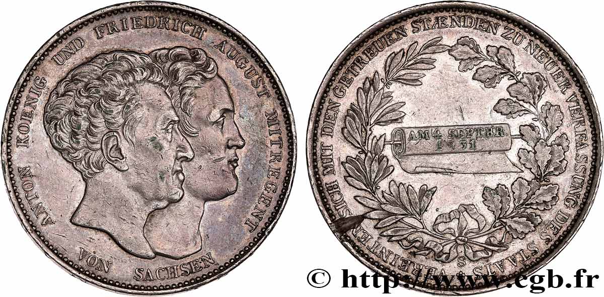 ALLEMAGNE - ROYAUME DE SAXE - ANTOINE Thaler, nouvelle Constitution 1831 Dresde BB 