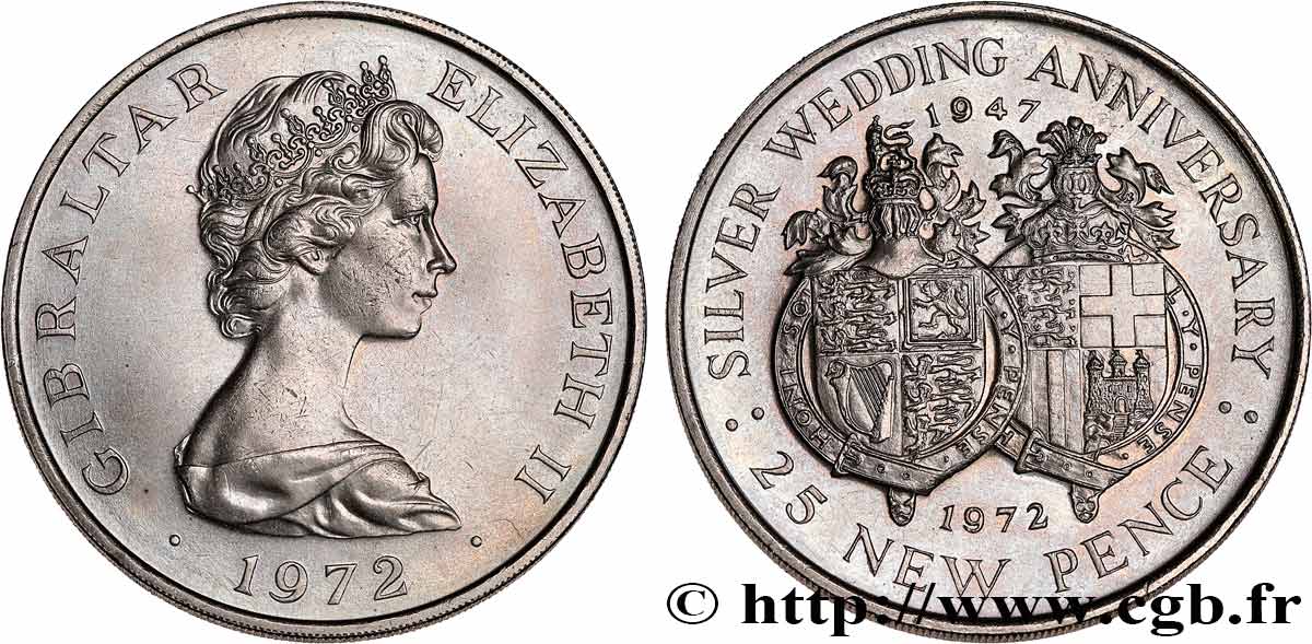 GIBRALTAR 25 New Pence Noces d’argent 1972  SPL 