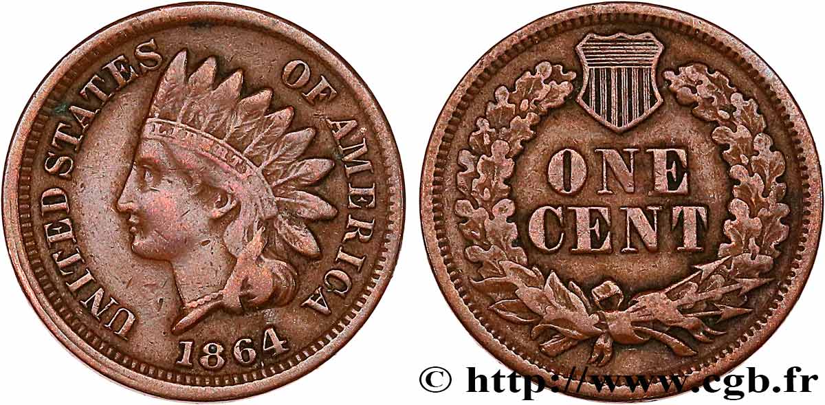 ÉTATS-UNIS D AMÉRIQUE 1 Cent tête d’indien, 2e type 1864  TB+ 