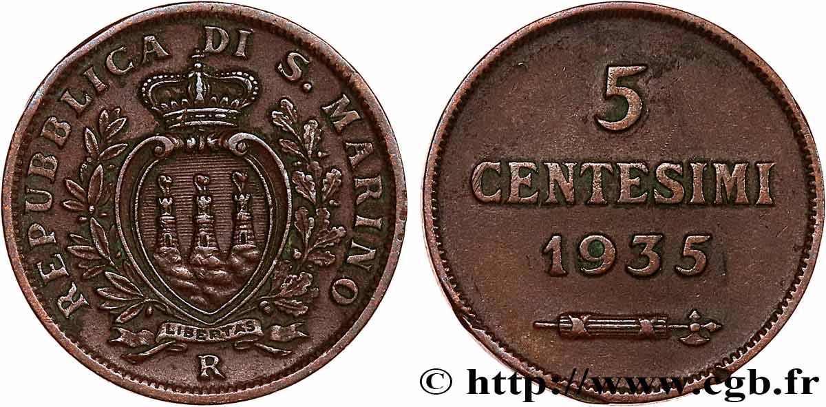 SAINT-MARIN 5 Centesimi écu aux trois tours 1935 Rome - R TTB+ 