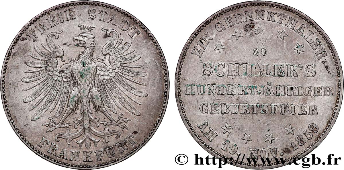 ALLEMAGNE - VILLE LIBRE DE FRANCFORT 1 Thaler centenaire de Schiller 1859 Francfort TTB 