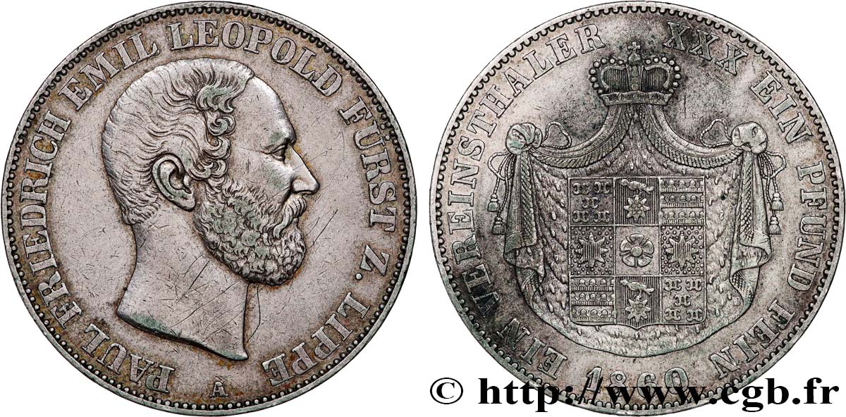 ALLEMAGNE - LIPPE 1 Thaler Paul Friedrich Emil Leopold III 1860 Berlin TTB 