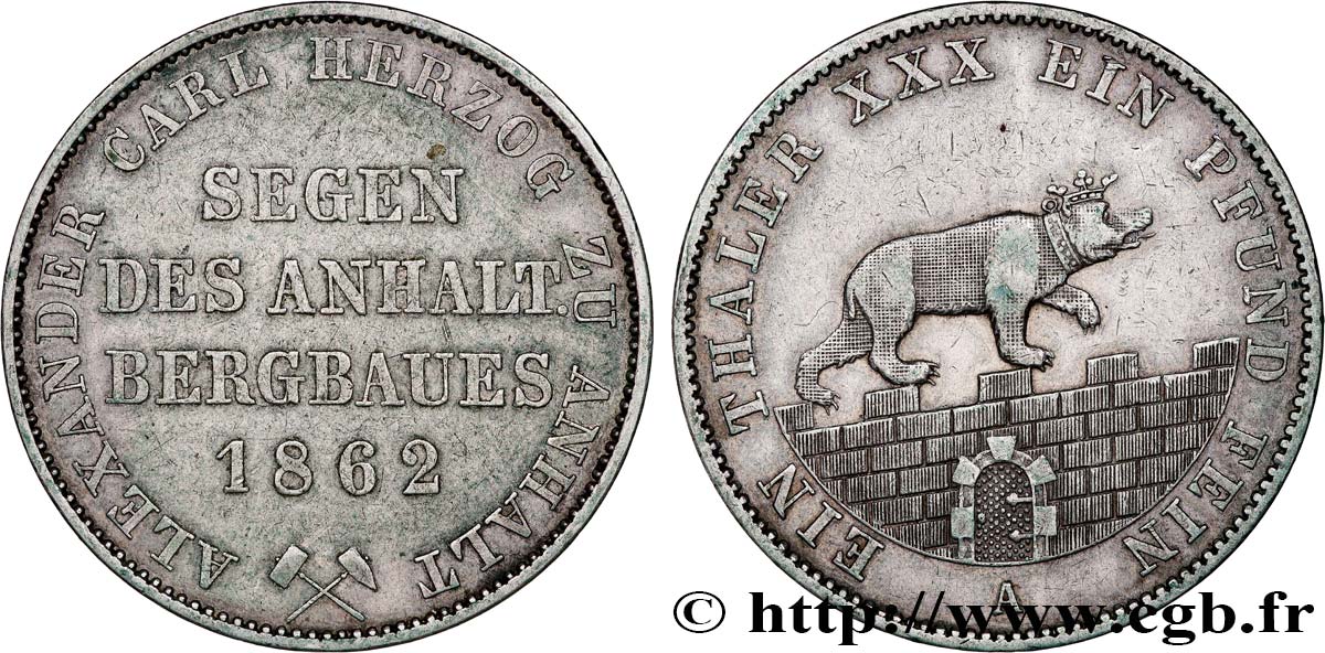 ALLEMAGNE - DUCHÉ D ANHALT-BERNBURG - ALEXANDRE CHARLES 1 Thaler des mines  1862 Berlin TTB 
