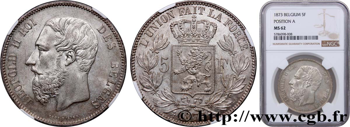 BELGIUM - KINGDOM OF BELGIUM - LEOPOLD II 5 Francs  1873  MS62 NGC
