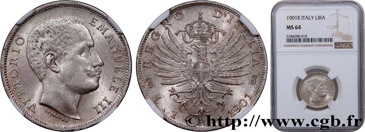 ITALIA - REINO DE ITALIA - VÍCTOR-MANUEL III 1 Lire  1901 Rome - R SC64 NGC