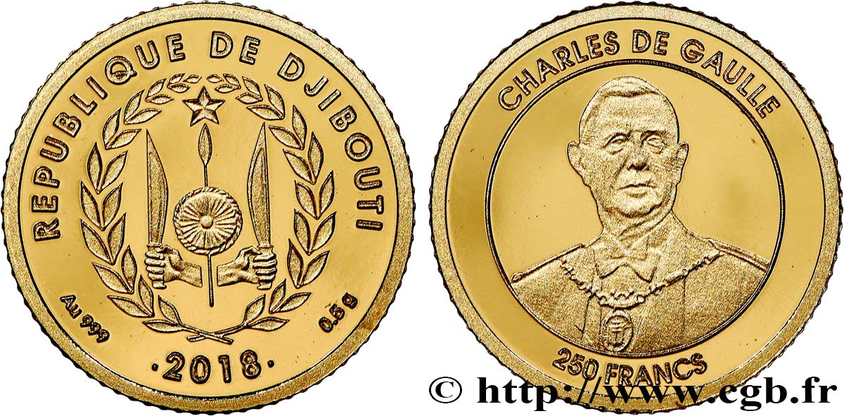 DJIBOUTI 250 Francs Proof Charles de Gaulle 2018  FDC 