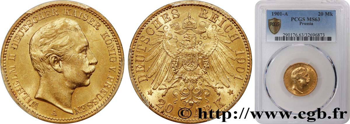 GERMANY - KINGDOM OF PRUSSIA - WILLIAM II 20 Mark 1901 Berlin MS63 PCGS
