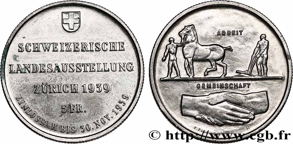 SUISSE 5 Francs Exposition de Zurich 1939 Huguenin - Le Locle TTB+ 