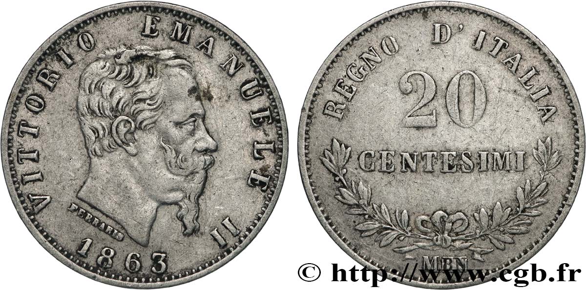 ITALIA 20 Centesimi Victor Emmanuel II 1863 Milan BB 