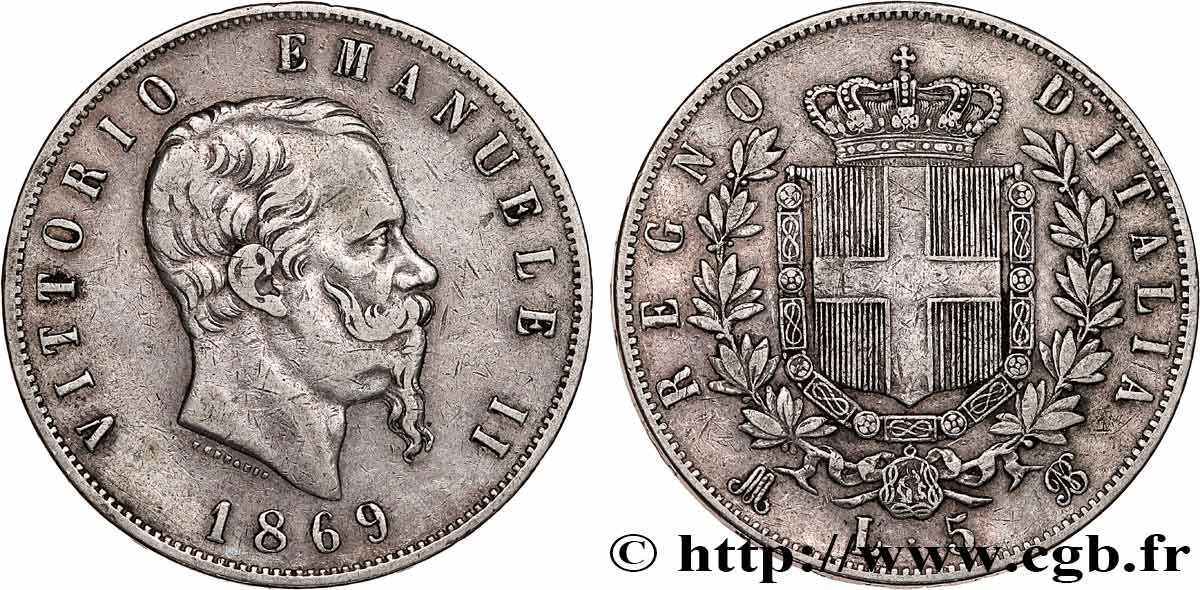 ITALIE 5 Lire Victor Emmanuel II 1869 Milan TTB 