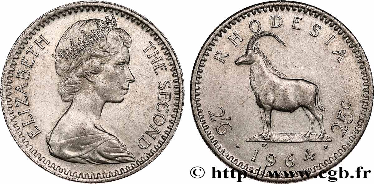 RODESIA 2 1/2 Shillings (25 Cents) antilope des sables 1964  EBC 