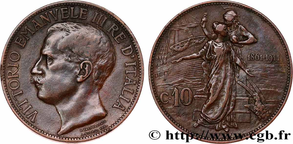 ITALIE 10 Centesimi Victor Emmanuel III - 50e anniversaire de l’Unité Italienne 1911 Rome TTB 