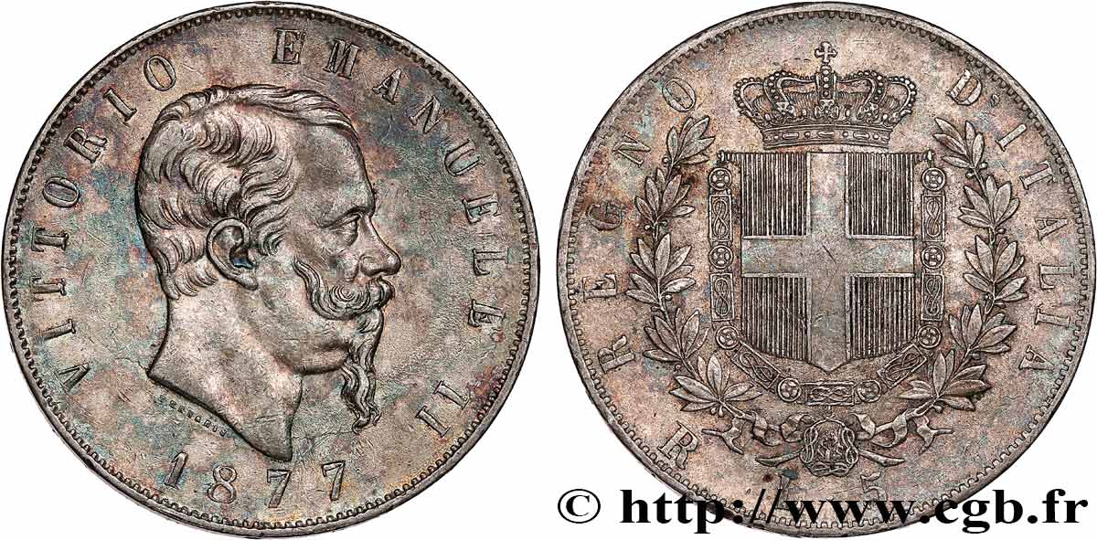 ITALIE 5 Lire Victor Emmanuel II 1877 Rome TTB+ 
