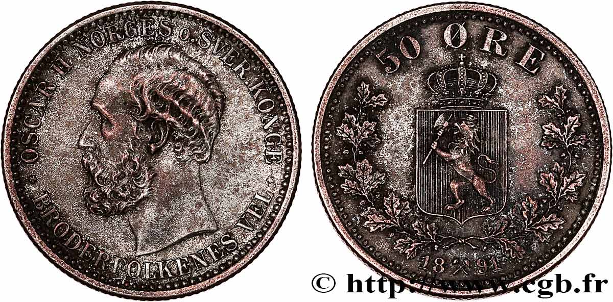 NORVÈGE 50 Ore Oscar II 1891  TTB 