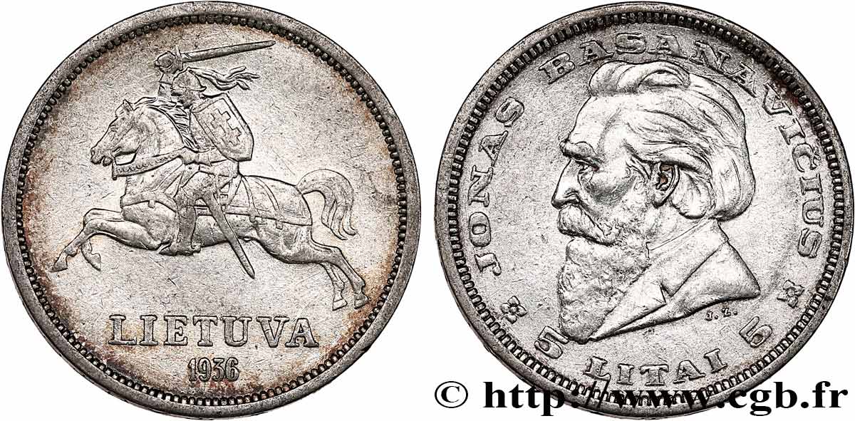 LITUANIE 5 Litai chevalier Vitis / Dr Jonas Basanavicius 1936  TTB+/SUP 