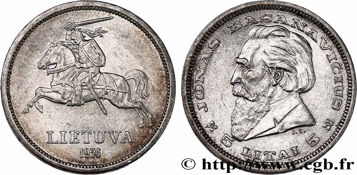 LITHUANIA 5 Litai chevalier Vitis / Dr Jonas Basanavicius 1936  AU/AU 