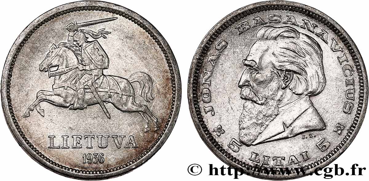 LITUANIE 5 Litai chevalier Vitis / Dr Jonas Basanavicius 1936  TTB+/SUP 