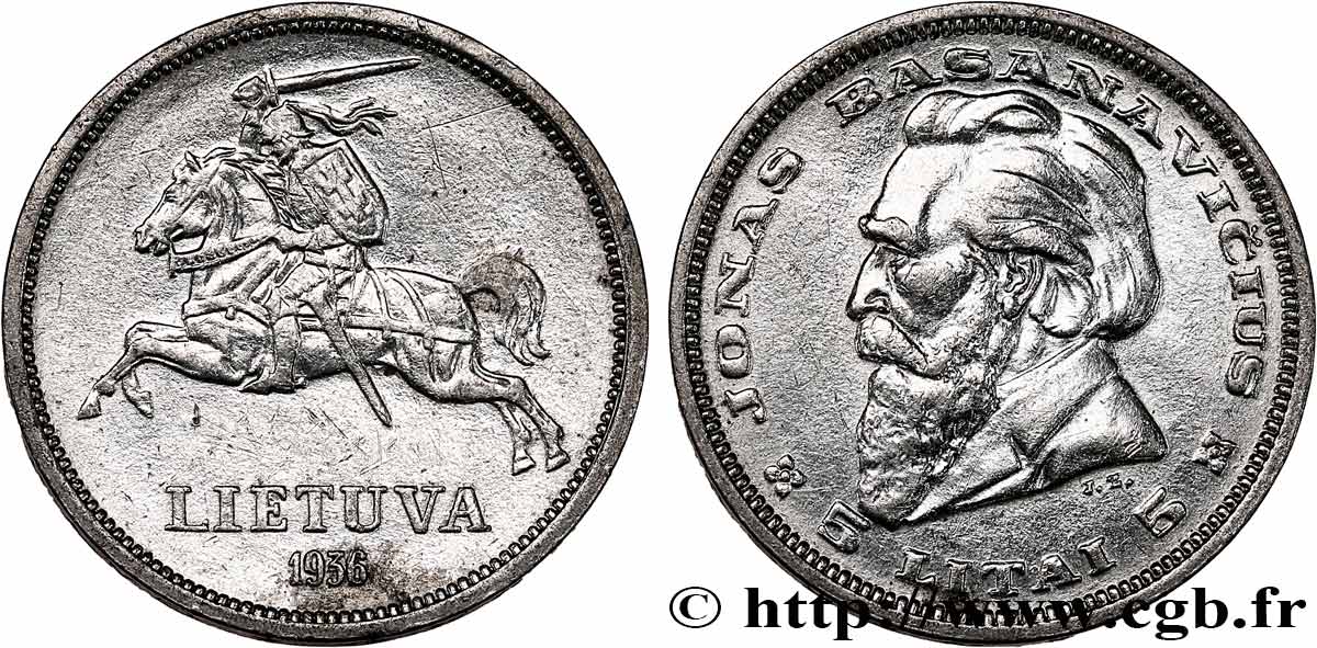 LITUANIE 5 Litai chevalier Vitis / Dr Jonas Basanavicius 1936  TTB+/SUP 